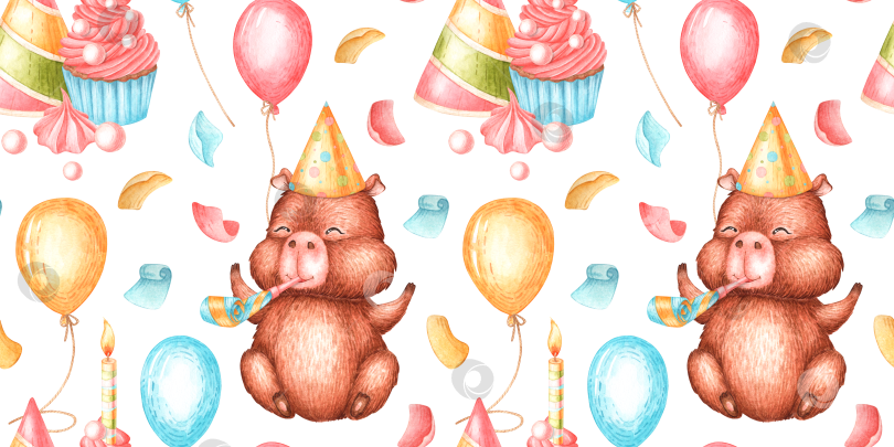 Скачать Акварельный узор на день рождения капибары и кекс фотосток Ozero