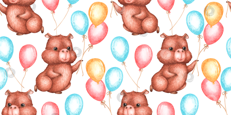Скачать Воздушные шары капибары с бесшовным рисунком акварелью фотосток Ozero