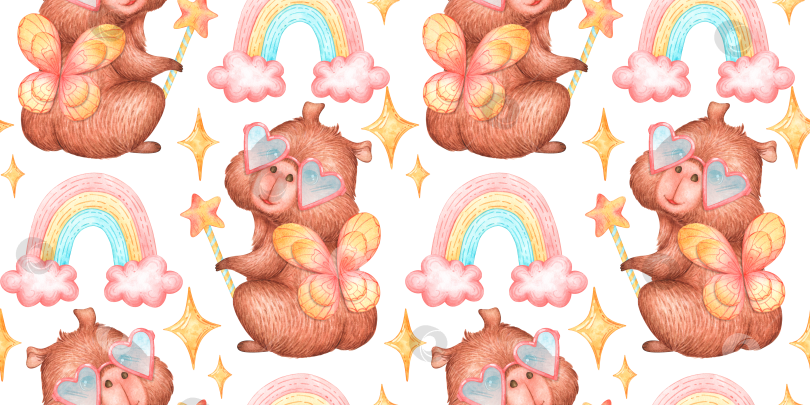 Скачать Фея капибара радужно-розовые облака с акварельным рисунком фотосток Ozero