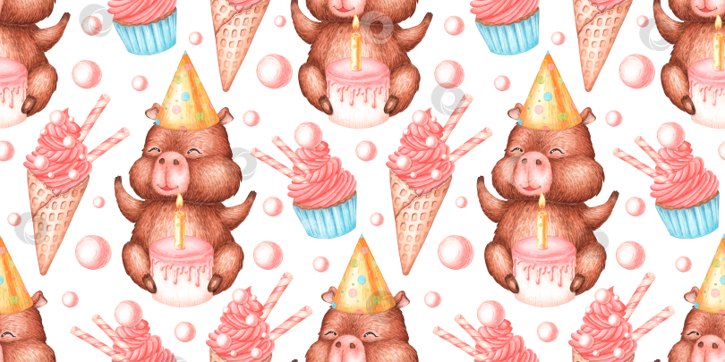 Скачать Праздничный узор из сладостей для торта с капибарой фотосток Ozero