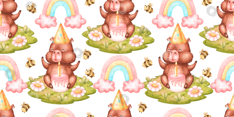 Скачать Торт "Капибара" с радужным рисунком на лугу акварелью фотосток Ozero