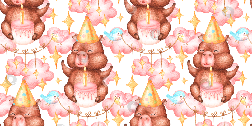 Скачать Торт ко дню рождения капибары с бесшовным рисунком акварелью фотосток Ozero