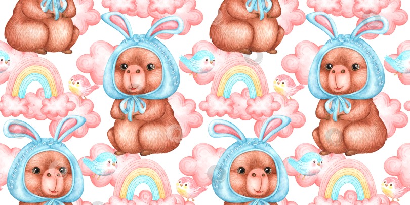 Скачать Шапка кролика-капибары с рисунком радужного облака акварелью фотосток Ozero