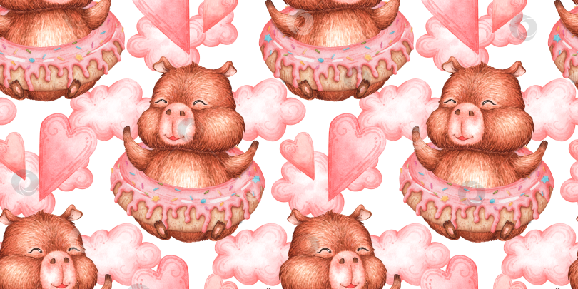 Скачать Капибара пончик сердечки облака бесшовный узор акварелью фотосток Ozero