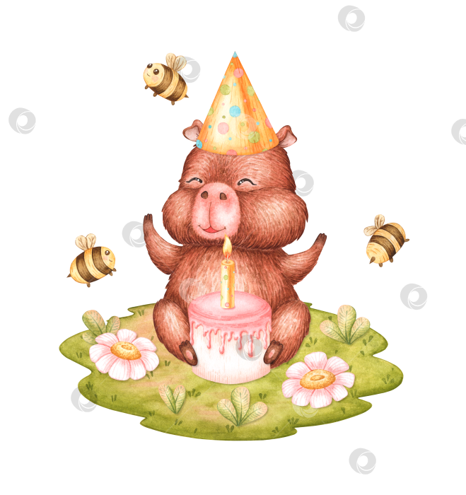 Скачать Акварельная иллюстрация капибары на лугу с праздничным тортом фотосток Ozero