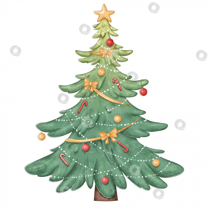 Скачать Рождественская елка. Иллюстрация к Новому году. Елка украшена гирляндой, бантами, новогодними игрушками. Подходит для плакатов, баннеров, наклеек. фотосток Ozero