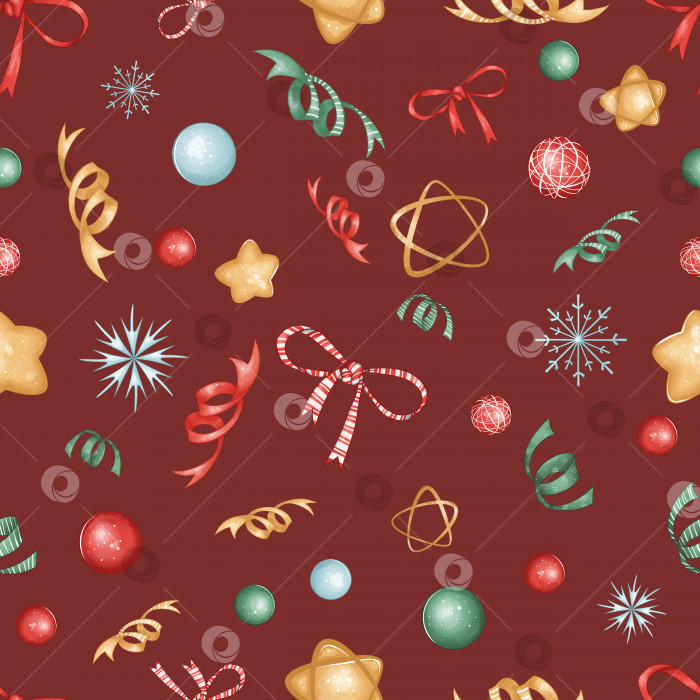 Скачать Рождественский бесшовный узор с бантиками, блестками, шарами, звездами, снежинками, конфетти на красном фоне. Отлично подходит для принтов, текстиля, оберточной бумаги для вечеринок. фотосток Ozero