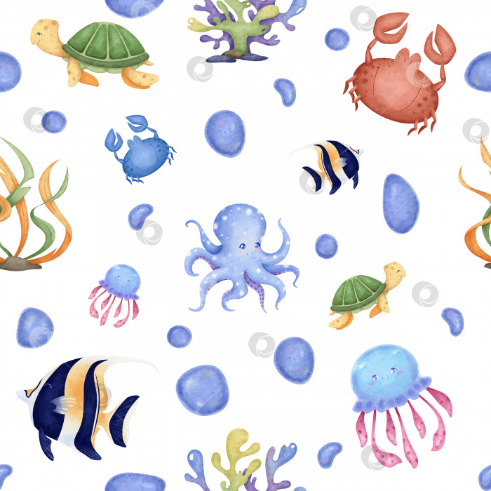 Скачать Бесшовный узор с изображением морских обитателей: осьминогов, рыб, медуз, крабов, кораллов, водорослей. Цифровая иллюстрация. Детская текстура в морском стиле на белом фоне. Отлично подходит для тканей, текстиля фотосток Ozero