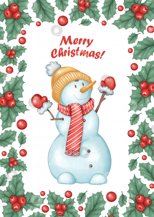 Скачать Рождественский баннер с остролистом и снеговиком. Отлично подходит для праздничных открыток, приглашений, плакатов и т.д. фотосток Ozero