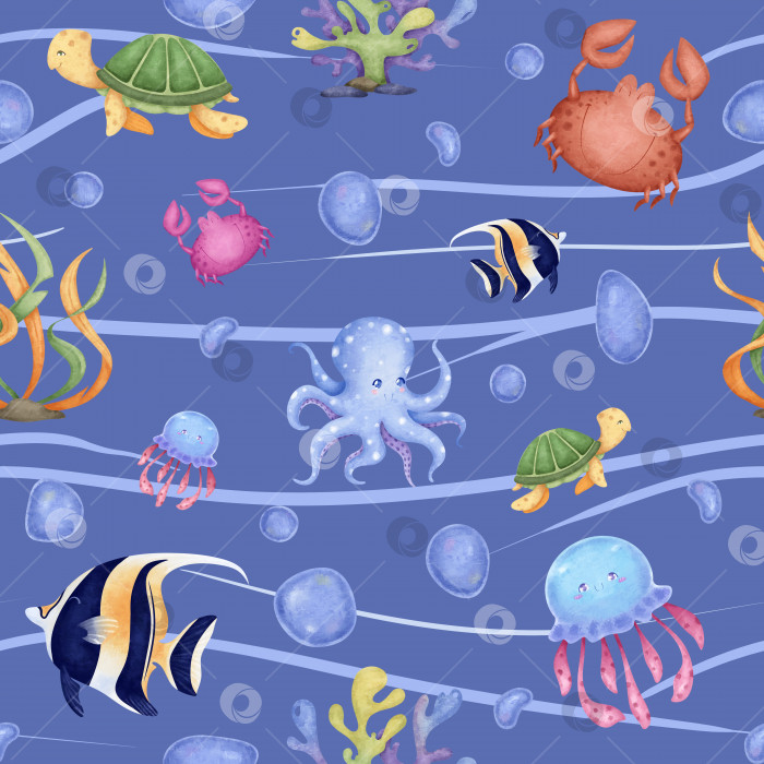 Скачать Бесшовный узор с изображением морских обитателей на синем фоне с волнами: осьминог, рыба, медуза, краб, кораллы, водоросли.Цифровая иллюстрация в акварельном стиле. Подходит для тканей, текстиля, обоев. фотосток Ozero