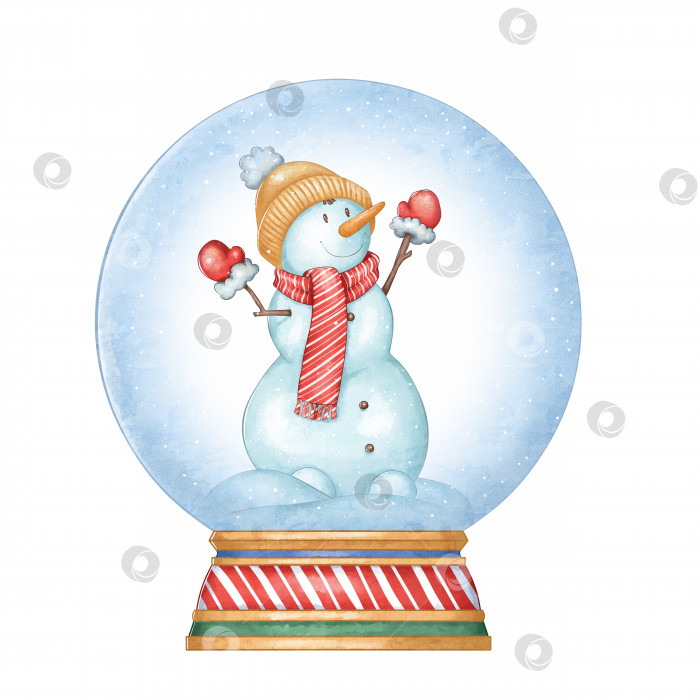 Скачать Снежный стеклянный шар со снеговиком. Новогодняя иллюстрация праздничной игрушки. Подходит для оберточной бумаги, подарков, открыток, наклеек и многого другого. фотосток Ozero