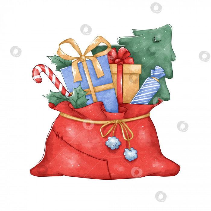 Скачать Рождественский пакет с подарками. Мешок Санта-Клауса. Яркая новогодняя иллюстрация. фотосток Ozero