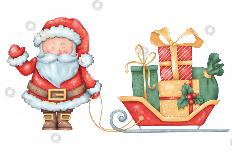 Скачать Санта-Клаус с санями и рождественскими подарками на изолированном фоне. Нарисованная от руки цифровая рождественская иллюстрация. Милый символ нового года. фотосток Ozero