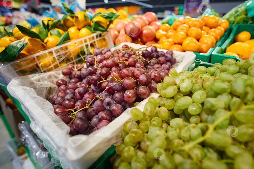 Скачать В продуктовом магазине выставлены корзины со свежими фруктами. На сцене изображены зеленый виноград и апельсины. фотосток Ozero