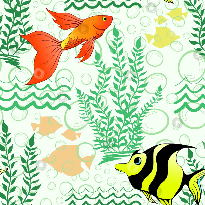 Скачать Тропические коралловые рыбы и морские водоросли с бесшовным рисунком. Экзотические обитатели океана с рисунком на поверхности. Морские животные с бесконечной текстурой. Подводная фауна с безграничным фоном. Морская жизнь редактируемая плитка. фотосток Ozero