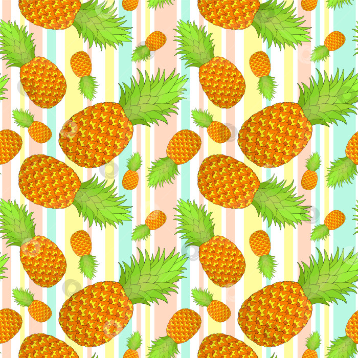 Скачать Бесшовный узор в виде ананаса на пастельном полосатом фоне. Тропические фрукты, повторяющие бесконечную текстуру. Вкусный безграничный фон. Дизайн поверхности для приготовления пищи. Редактируемая плитка для текстиля или канцелярских принадлежностей фотосток Ozero