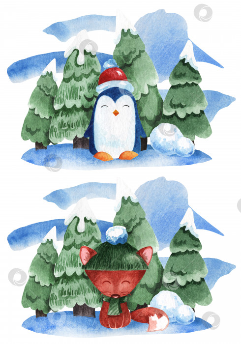 Скачать Акварельная иллюстрация с изображением пингвина и лисы на фоне елей в снегу. фотосток Ozero