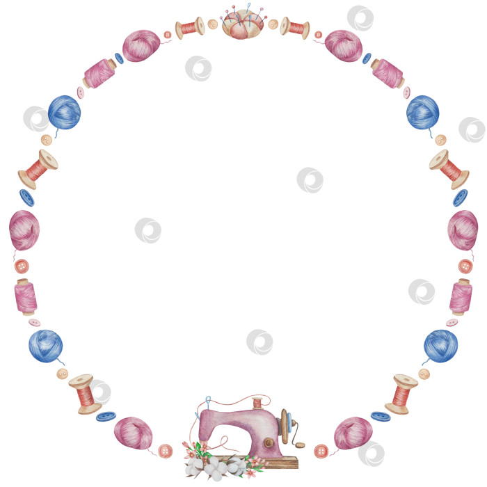 Скачать Набор для вязания и шитья акварелью с ручной росписью. Клубок пряжи, вязание крючком, нитки, принадлежности для рукоделия, шитье, вышивка. Товары для рукоделия и хобби синего, бежевого и розового цветов. Старинный фотосток Ozero