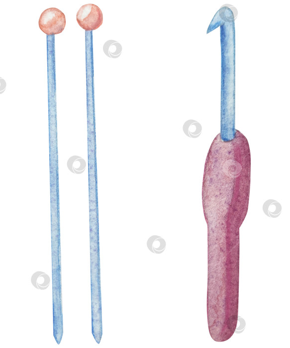 Скачать Набор для вязания и шитья акварелью с ручной росписью. Клубок пряжи, вязание крючком, нитки, принадлежности для рукоделия, шитье, вышивка. Товары для рукоделия и хобби синего, бежевого и розового цветов. Старинный фотосток Ozero