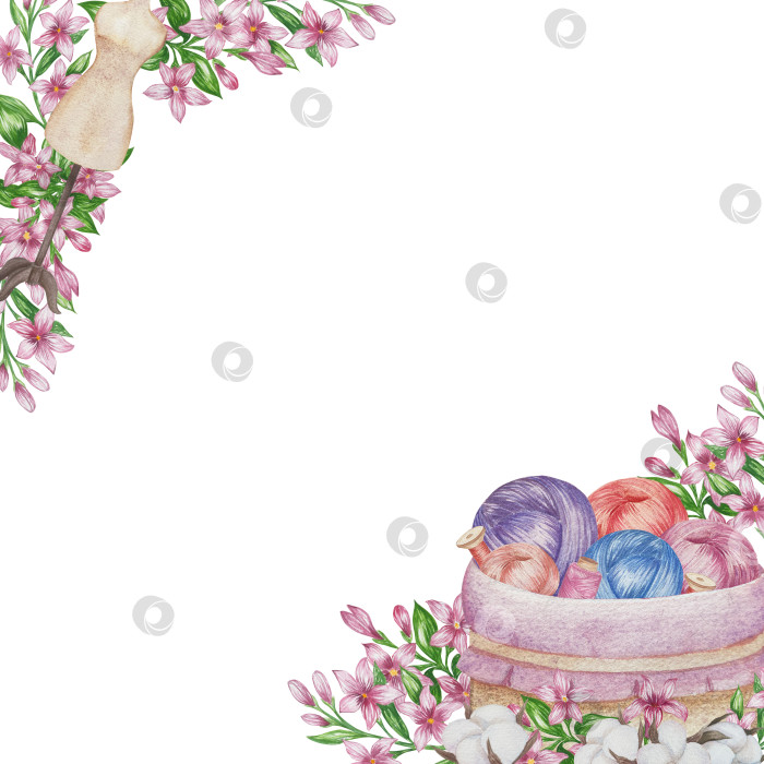 Скачать Набор для вязания и шитья акварелью с ручной росписью. Клубок пряжи, вязание крючком, нитки, принадлежности для рукоделия, шитье, вышивка. Товары для рукоделия и хобби синего, бежевого и розового цветов. Старинный фотосток Ozero