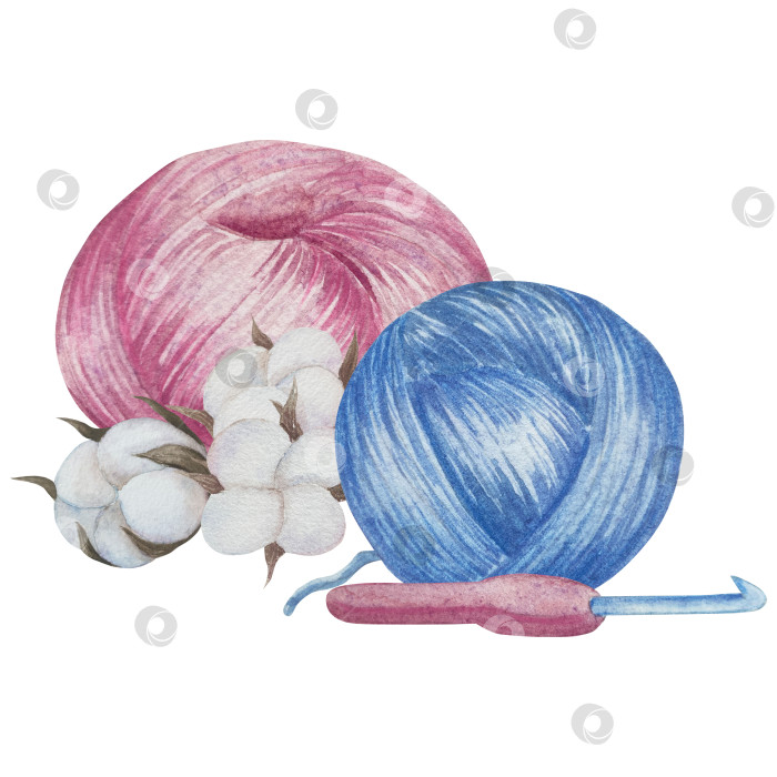 Скачать Набор для вязания и шитья акварелью с ручной росписью. Клубок пряжи, вязание крючком, нитки, принадлежности для рукоделия, шитье, вышивка. Товары для рукоделия и хобби синего, бежевого и розового цветов. Старинный фотосток Ozero