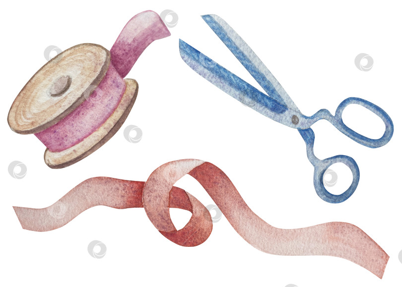 Скачать Набор для вязания и шитья акварелью с ручной росписью. Клубок пряжи, вязание крючком, нитки, принадлежности для рукоделия, шитье, вышивка. Товары для рукоделия и хобби синего, бежевого и розового цветов. Старинный фотосток Ozero