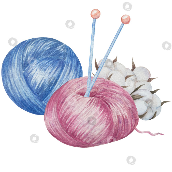 Скачать Набор для вязания и шитья акварелью с ручной росписью. Клубок пряжи, вязание крючком, нитки, принадлежности для рукоделия, шитье, вышивка. Товары для рукоделия и хобби синего, бежевого и розового цветов. Старинный фотосток Ozero