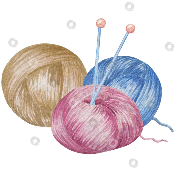 Скачать Набор для вязания и шитья акварелью с ручной росписью. Клубок пряжи, вязание крючком, нитки, принадлежности для рукоделия, шитье, вышивка. Товары для рукоделия и хобби синего, бежевого и розового цветов. Старинный фотосток Ozero