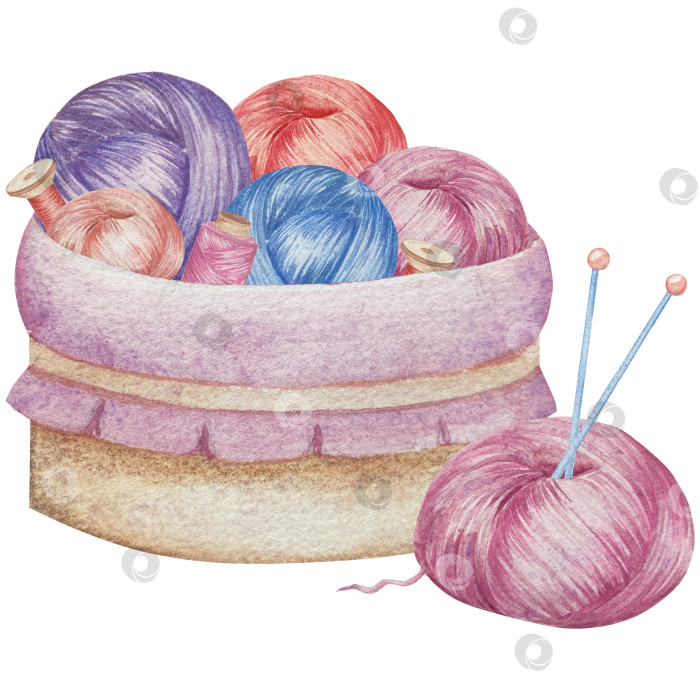 Скачать Набор для вязания и шитья акварелью с ручной росписью. Клубок пряжи, вязание крючком, нитки, принадлежности для рукоделия, шитье, вышивка. Товары для рукоделия и хобби синего, бежевого и розового цветов. Старинный фотосток Ozero