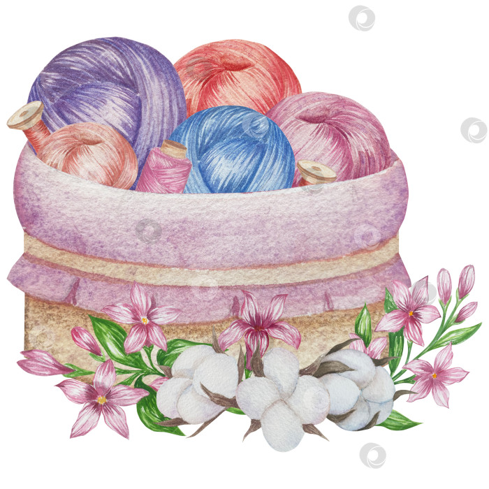 Скачать Набор для вязания и шитья акварелью с ручной росписью. Клубок пряжи, вязание крючком, нитки, принадлежности для рукоделия, шитье, вышивка. Товары для рукоделия и хобби синего, бежевого и розового цветов. Старинный фотосток Ozero
