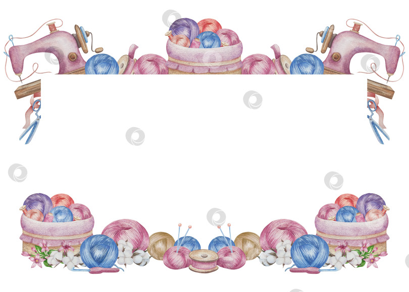 Скачать Набор для вязания и шитья акварелью с ручной росписью. Клубок пряжи, вязание крючком, нитки, принадлежности для рукоделия, шитье, вышивка. Товары для рукоделия и хобби синего, бежевого и розового цветов. Старинный фотосток Ozero