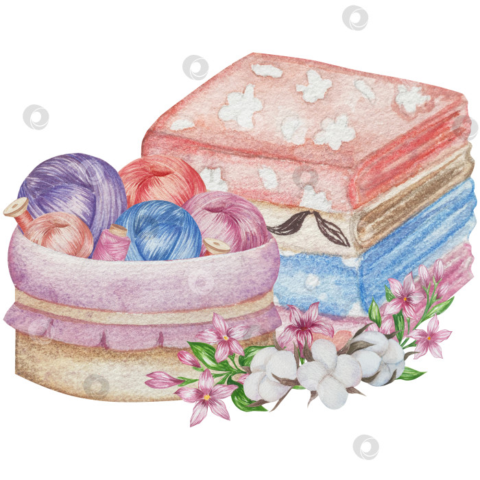 Скачать Набор для вязания и шитья акварелью с ручной росписью. Клубок пряжи, вязание крючком, нитки, принадлежности для рукоделия, шитье, вышивка. Товары для рукоделия и хобби синего, бежевого и розового цветов. Старинный фотосток Ozero