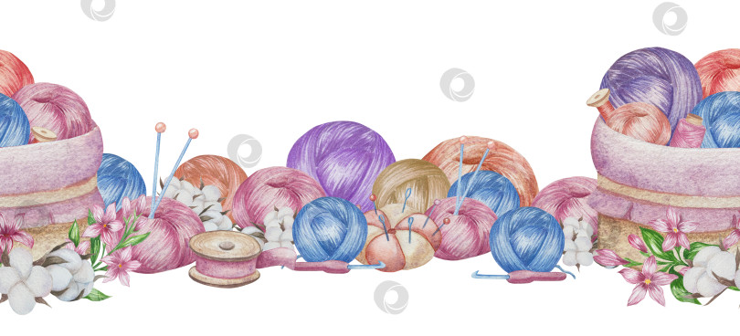 Скачать Набор для вязания и шитья акварелью с ручной росписью. Клубок пряжи, вязание крючком, нитки, принадлежности для рукоделия, шитье, вышивка. Товары для рукоделия и хобби синего, бежевого и розового цветов. Старинный фотосток Ozero