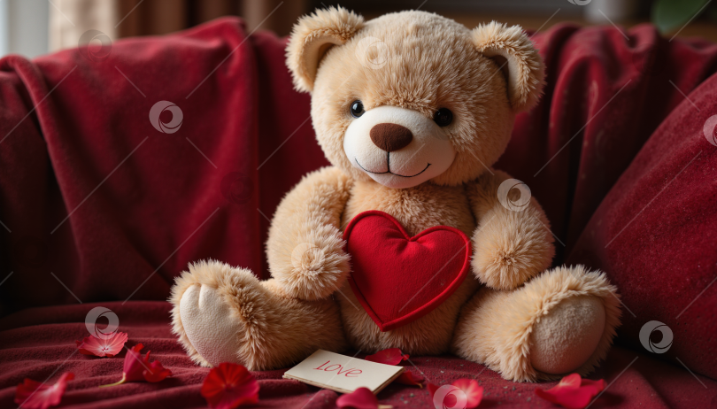 Скачать Улыбающийся плюшевый мишка с красным сердечком на красном фоне с лепестками роз фотосток Ozero