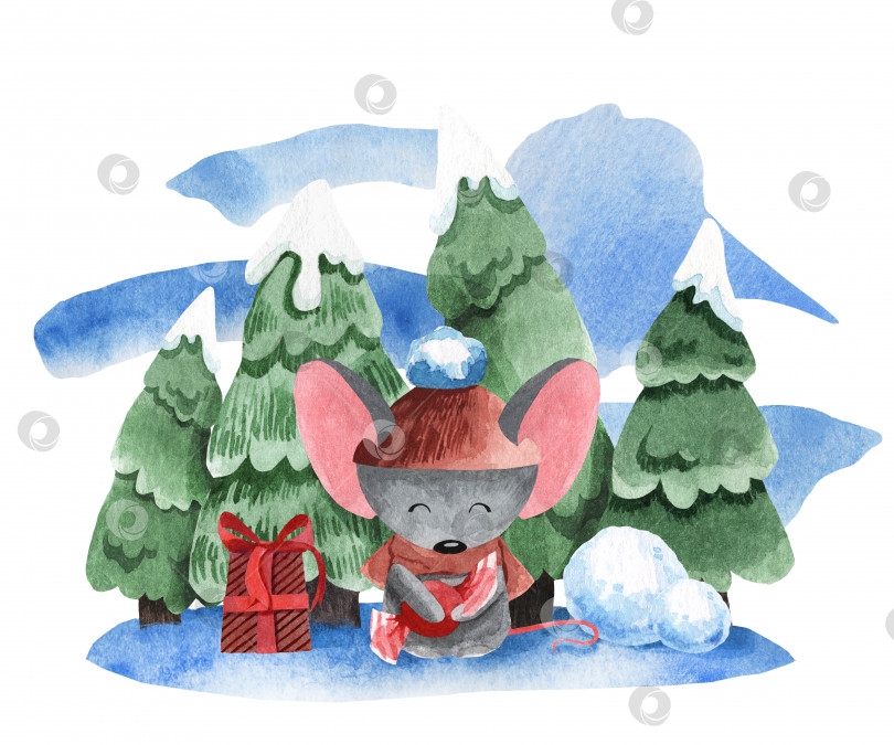 Скачать Акварельная иллюстрация мыши на фоне елей в снегу. Иллюстрация для новогоднего оформления и поздравительной открытки. фотосток Ozero