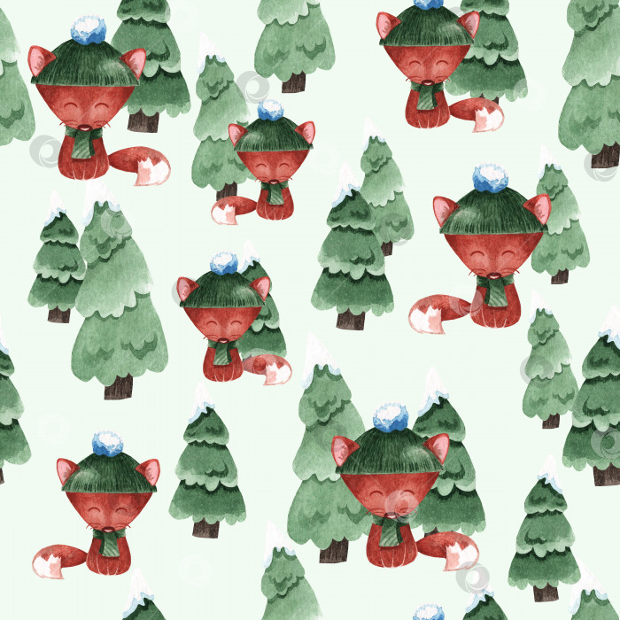 Скачать Бесшовный акварельный фон с лисами и рождественскими елками. фотосток Ozero