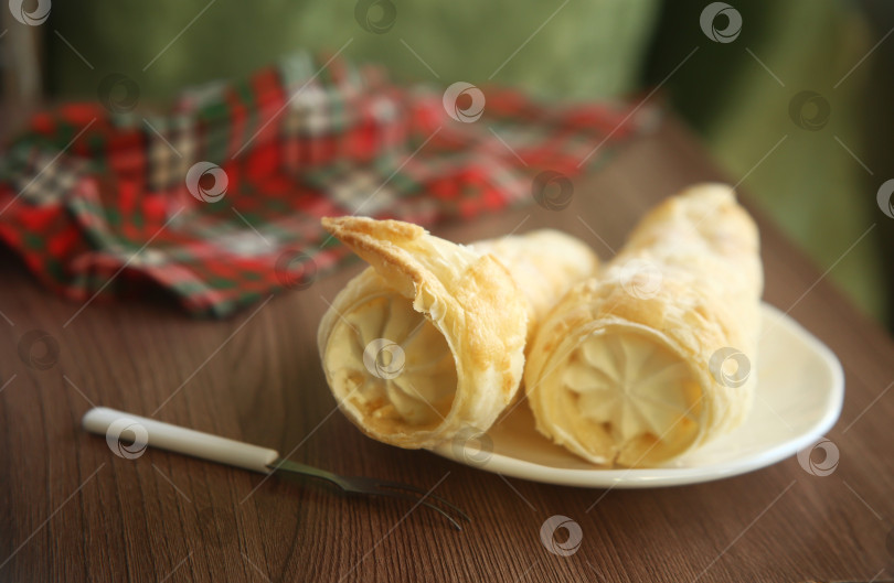 Скачать Вкусные пирожные трубочки с кремом на тарелке. Крупный план фотосток Ozero