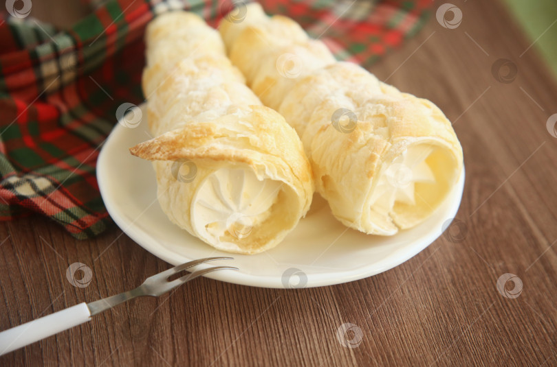 Скачать Вкусные пирожные трубочки с кремом на тарелке. Крупный план фотосток Ozero