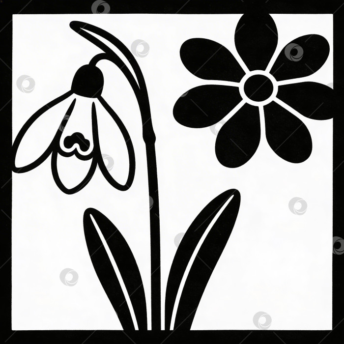 Скачать Силуэт цветущего подснежника с маргариткой и весенним узором в черно-белом стиле фотосток Ozero