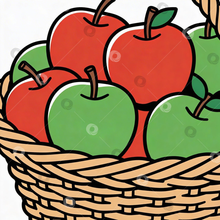 Скачать Иллюстрация «Красные и зеленые яблоки в плетеной корзине» в ярких тонах и лаконичном стиле фотосток Ozero