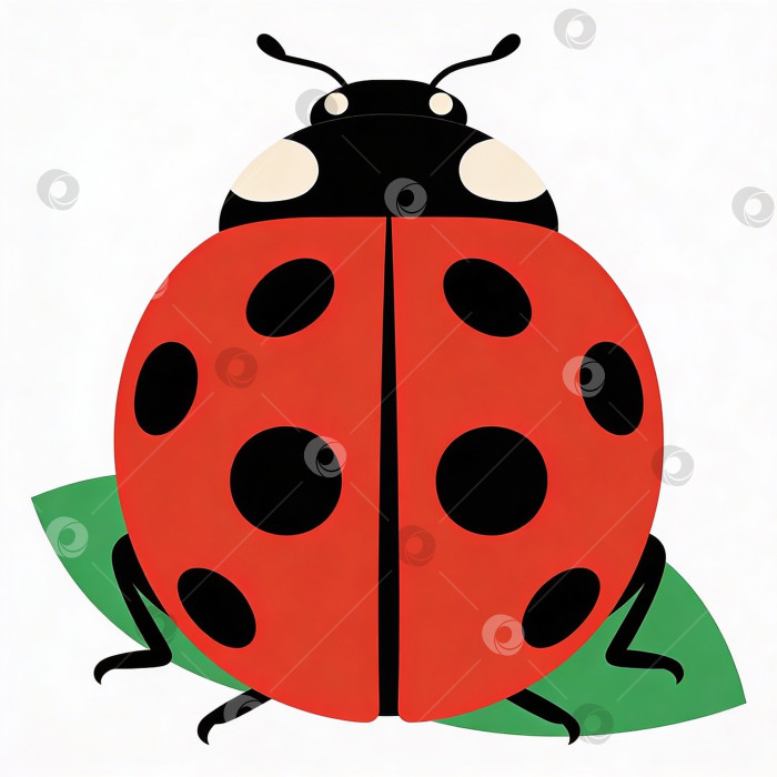 Скачать Яркая и милая иллюстрация с божьей коровкой на зеленом листе на белом фоне фотосток Ozero