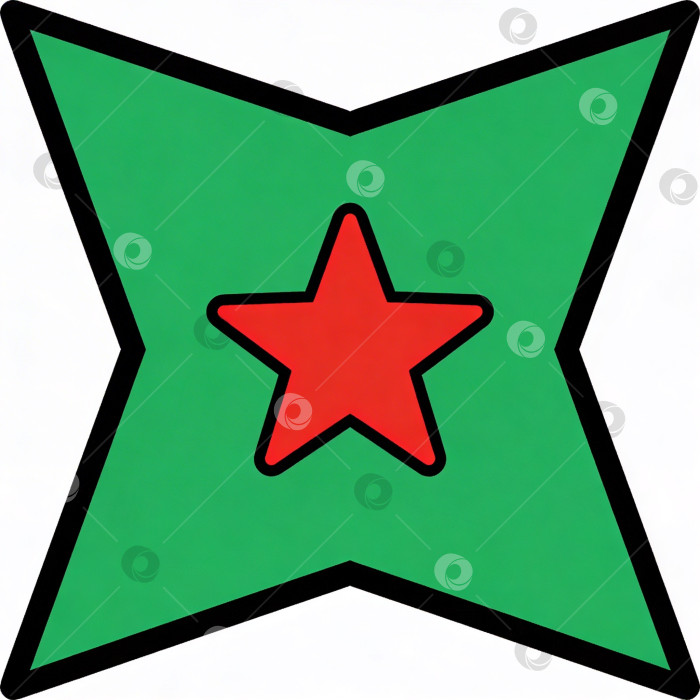 Скачать Красная пятиконечная звезда на зеленом ромбовидном фоне с черной окантовкой в стиле плоской графики для символического обозначения фотосток Ozero