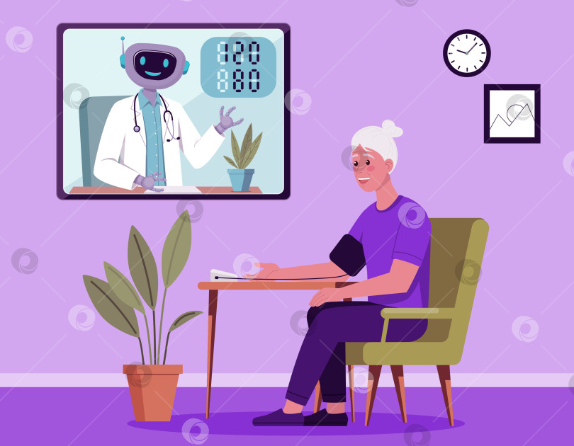 Скачать Пожилая женщина использует телемедицину с помощью робота-врача Онлайн фотосток Ozero