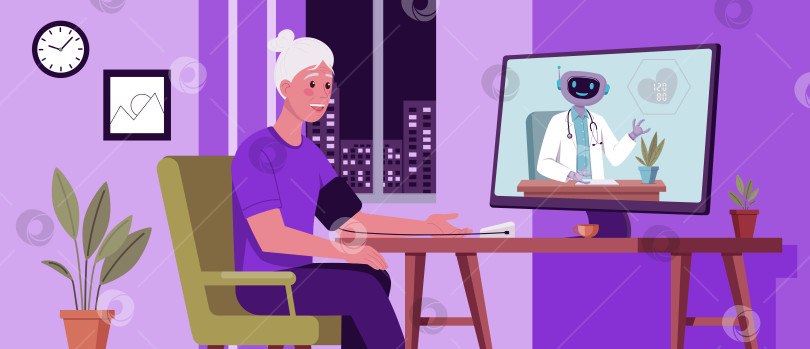 Скачать Пожилая женщина использует телемедицину с помощью робота-врача Онлайн фотосток Ozero