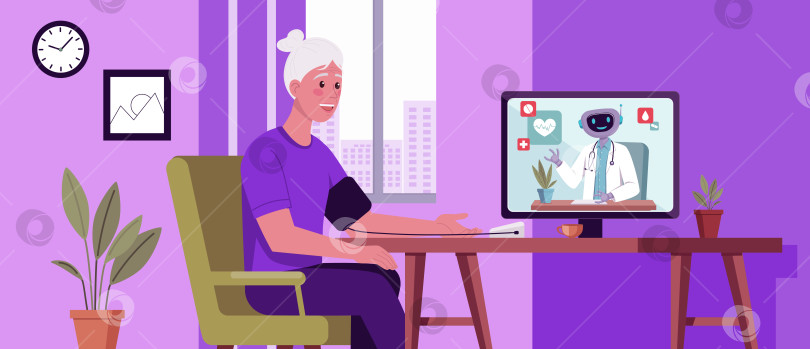 Скачать Пожилая женщина использует телемедицину с помощью робота-врача Онлайн фотосток Ozero