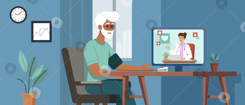 Скачать Телемедицинская консультация пожилого мужчины с врачом фотосток Ozero