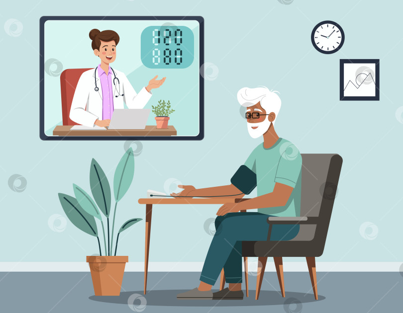 Скачать Телемедицинская консультация пожилого мужчины с врачом фотосток Ozero
