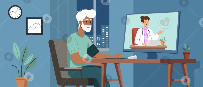 Скачать Телемедицинская консультация пожилого мужчины с врачом фотосток Ozero