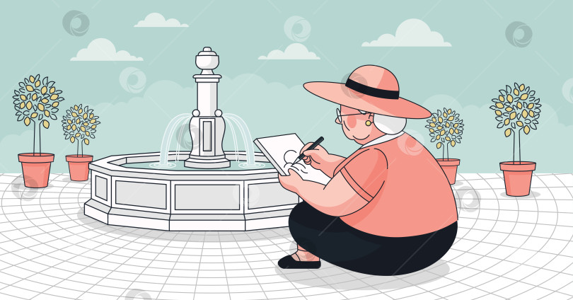 Скачать Пожилая женщина рисует возле фонтана в парке фотосток Ozero