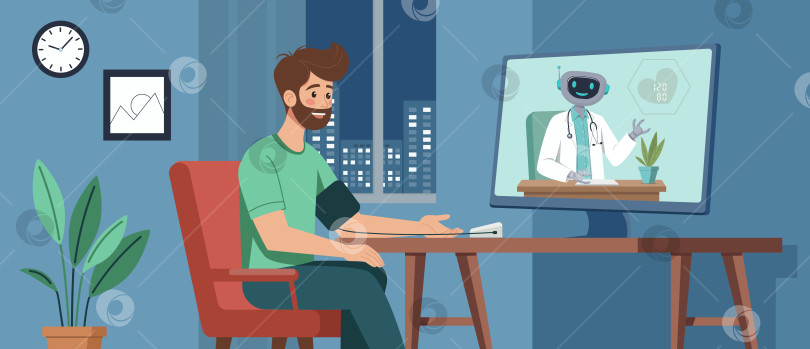 Скачать Человек, использующий телемедицину с роботом-врачом онлайн фотосток Ozero